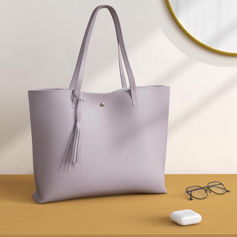 Dreubea Women's Soft Faux Leather Tote Shoulder Bag from, Big Capacity Tassel Handbag Gray Purple - Image 2